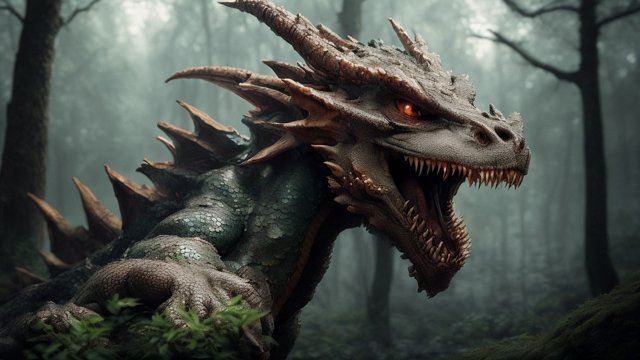 breathtaking portrait of a dragon in a forest, intricate realistic details