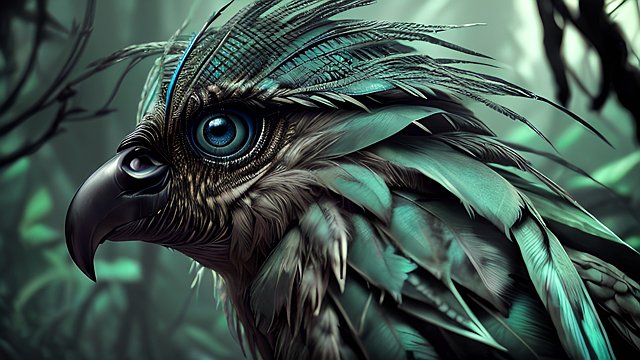 award winning portrait of a mesmerizing creepy bird in a dark jungle, intricate realistic details