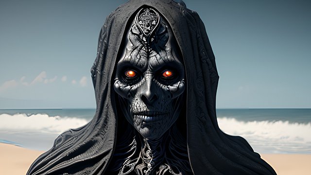 breathtaking portrait of a dark lich on a beach during summer, intricate realistic details