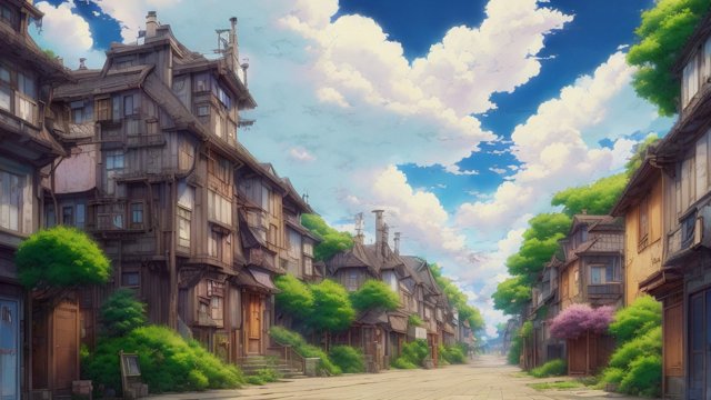 breathtaking anime painting of a little street in an anime or manga style, manga, in the open with astonishing clouds