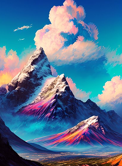 realistic photo of a moutain, colorful clouds