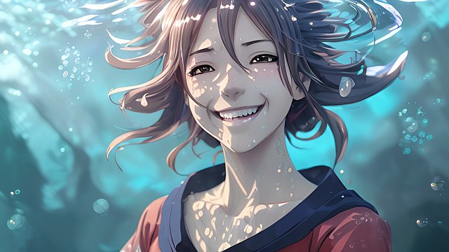 anime girl smiling underwater, portrait, anime