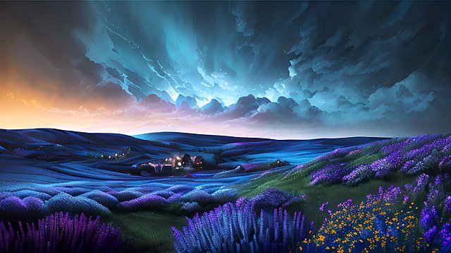 award winning deep blue night colors on a countryside  intricate realistic details  breathtaking clouds