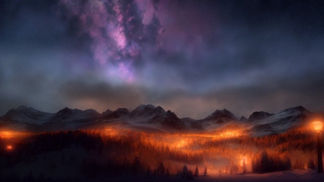 4k breathtaking night snowy landscape with a nebulae  colorful  intricate realistic details