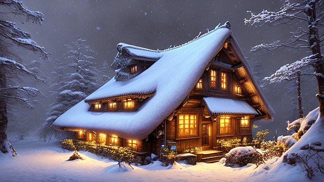 the most breathtaking award winning amazing 4k uhd detailed fascinating photo of a small european cottage in snowy forest during night, intricate realistic details