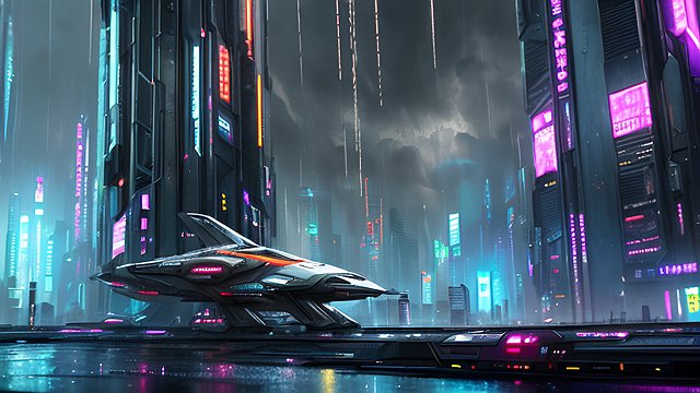 award winning photo of a spaceship in a cyberpunk city under rain, intricate realistic details, breathtaking clouds