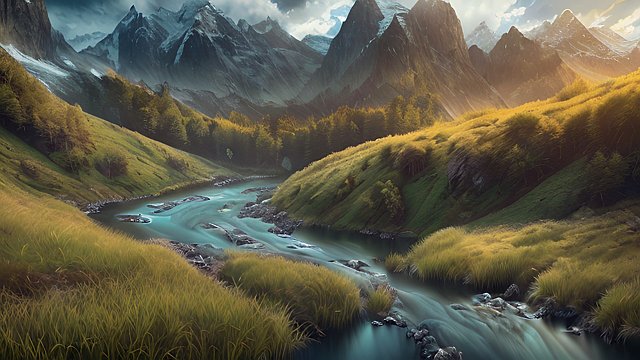 award winning mesmerizing photo of mountains and rivers, intricate realistic details, in a grass field, intricate realistic details, amazing clouds
