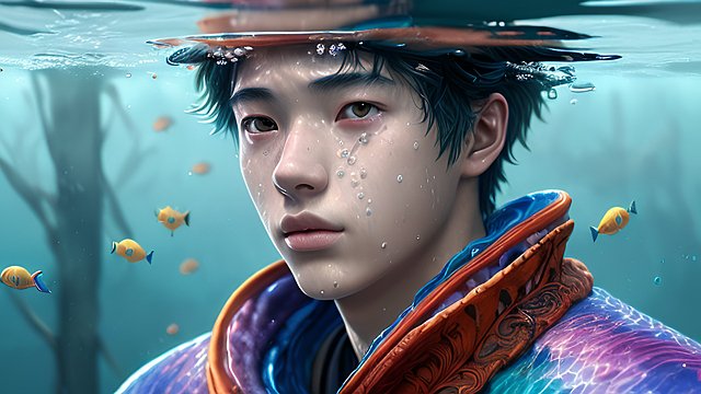 breathtaking colorful portrait of a boy underwater, intricate details