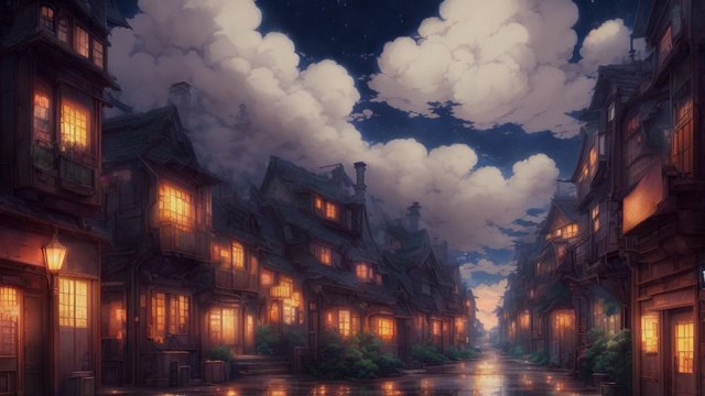 breathtaking anime painting of a little street in an anime or manga style during the night, manga, in the open with astonishing clouds
