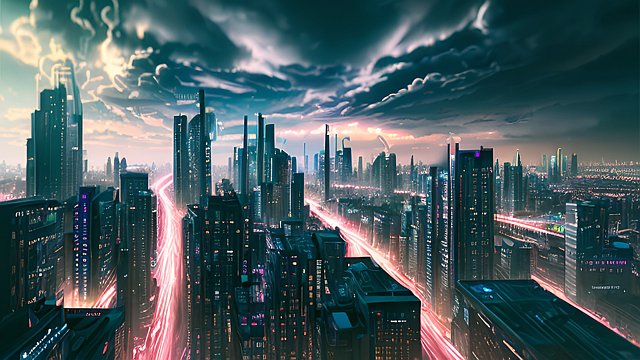 mesmerizing ultrarealistic photo of a modern city at night  neon  intricate realistic details  amazing clouds