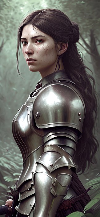 portrait of a warrior woman in armor in the forest