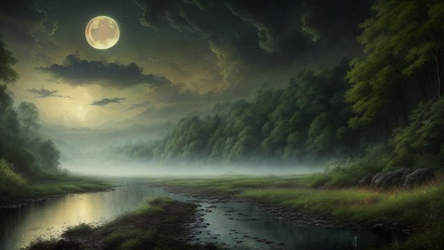 breathtaking painting of a river and green forest with fireflies  visible moon  breathtaking clouds at dawn during the morning