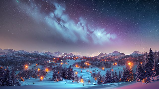 4k breathtaking night snowy landscape with a nebulae, colorful, intricate realistic details