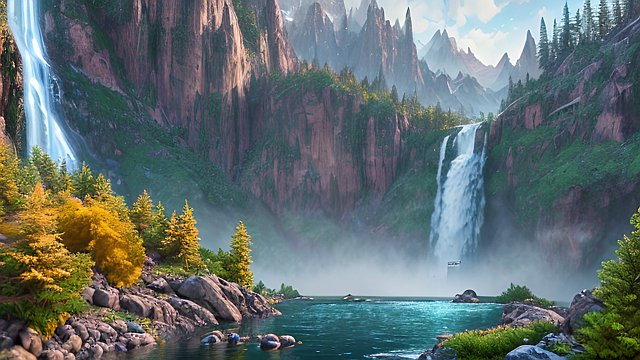 Mountain vista with waterfall - colorful, ultra-detailed, hyper-realistic, 3D render, photorealistic 
