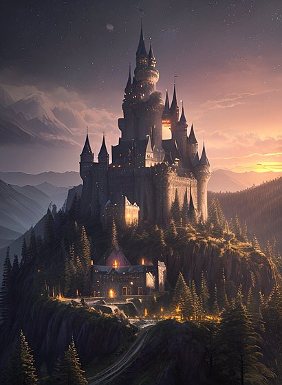 a giant castle above a hill  night sky  forest