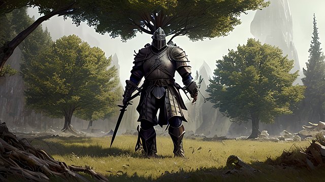 a gigantic soldier with a medieval armor  amazing trees landscape background