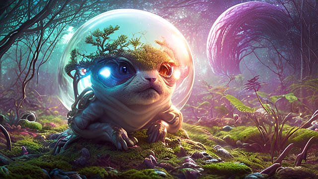 award winning photo of a small animal in a strange forest on an alien planet  intricate realistic details  amazing clouds