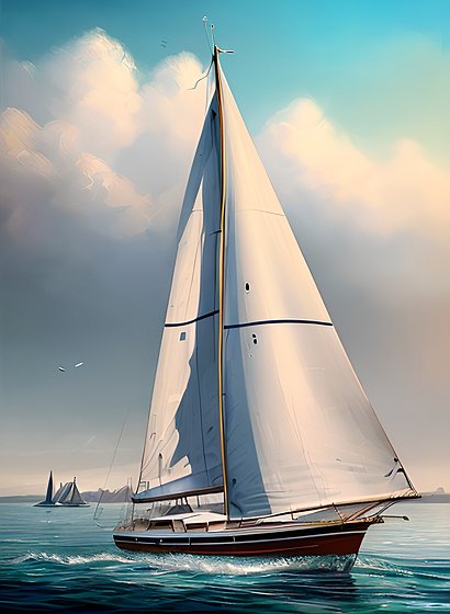 beautiful painting of a sailboat on the sea, a small city in the background