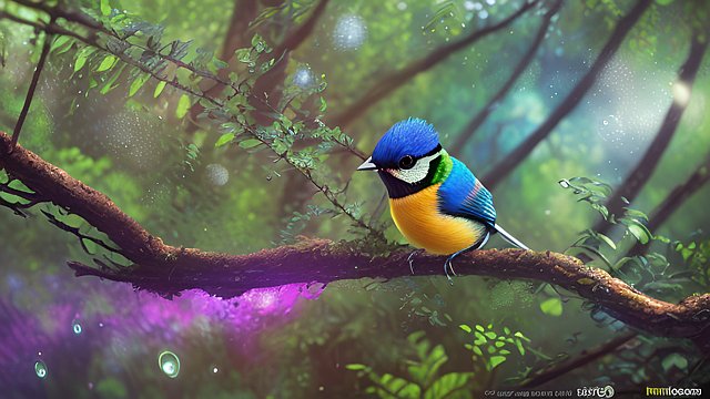 award winning photo of a colorful mesmerizing small bird in a forest  intricate realistic details  amazing clouds