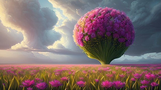 award winning painting of a gigantic flower, intricate details, in a grass field, dramatic clouds 