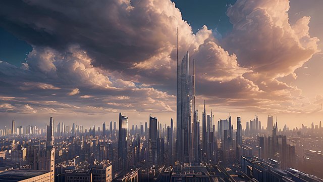award winning photo of a city, intricate realistic details, amazing clouds