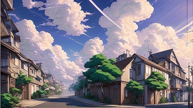breathtaking anime painting of a street in an anime or manga style, manga, in the open with astonishing clouds