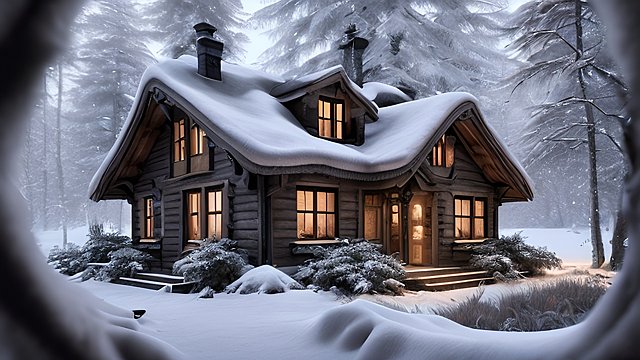 the most breathtaking award winning amazing 4k uhd detailed fascinating photo of a small european cottage in snowy forest during night  intricate realistic details  dark night shades