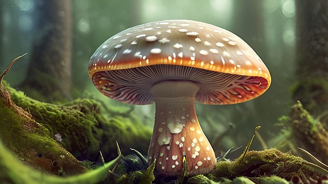 award winning photo of a mesmerizing small amanita mushroom in a forest  intricate realistic details  amazing clouds