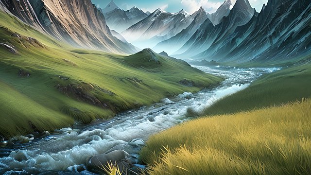 award winning mesmerizing photo of mountains and rivers, intricate realistic details, in a grass field, intricate realistic details, amazing clouds