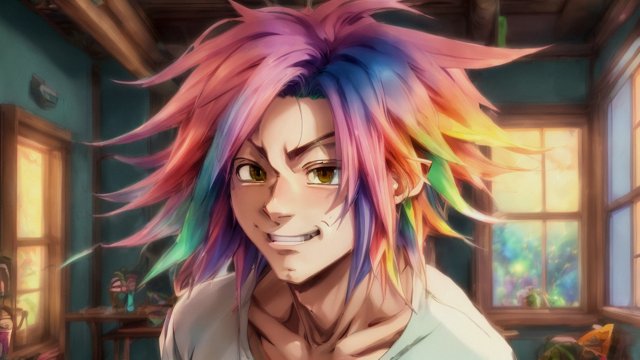 breathtaking happy anime male face, colorful hairs, in a house, anime drawing, anime manga style