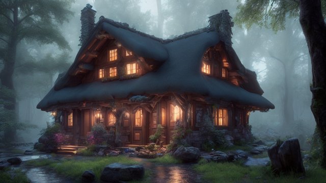 the most breathtaking award winning amazing 4k uhd detailed fascinating photo of a small european cottage in a forest during night, intricate realistic details, dark night shades