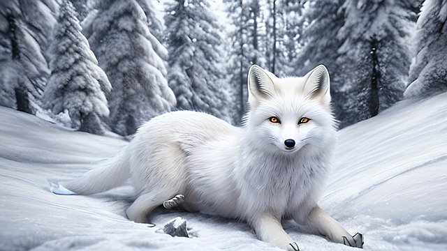 4k breathtaking photo of a white fox in snowy forest mountains  intricate realistic details