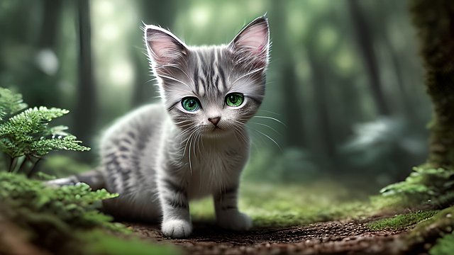 award winning close photo of a mesmerizing small cat in a forest  intricate realistic details  amazing clouds