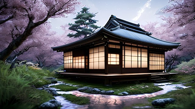 the most breathtaking award winning amazing 4k uhd detailed fascinating photo of a small japanese cottage in a forest during night  intricate realistic details  dark night shades  cherry flowers