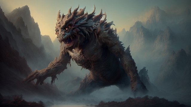 breathtaking painting of a gigantic whimsical monster in mountains  intricate realistic details