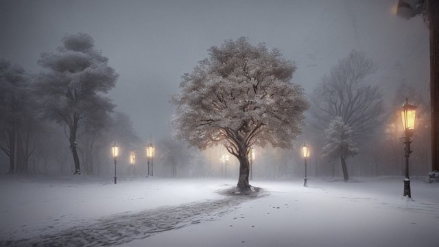breathtaking painting of an isolated tree in the snow, street lights, intricate details
