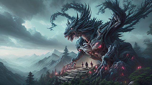 the most breathtaking toon painting of anime monsters in forest mountain, intricate realistic details, dark shades, amazing anime clouds