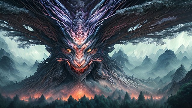 the most breathtaking painting of an anime monster in forest mountain  intricate realistic details  dark shades  amazing clouds