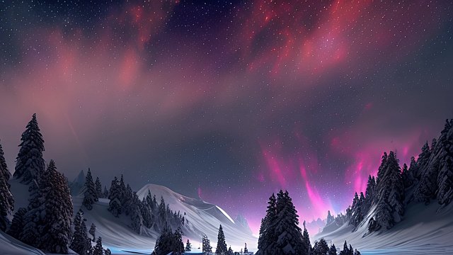 4k breathtaking night snowy landscape with a nebulae  colorful  intricate realistic details