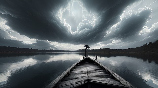 award winning photo of a dark lake, intricate realistic details, amazing clouds