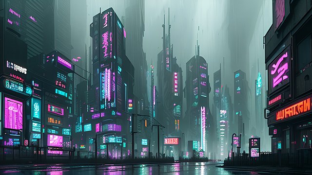 cyberpunk city under rain, intricate realistic details, breathtaking cinematic atmosphere, dark contrast